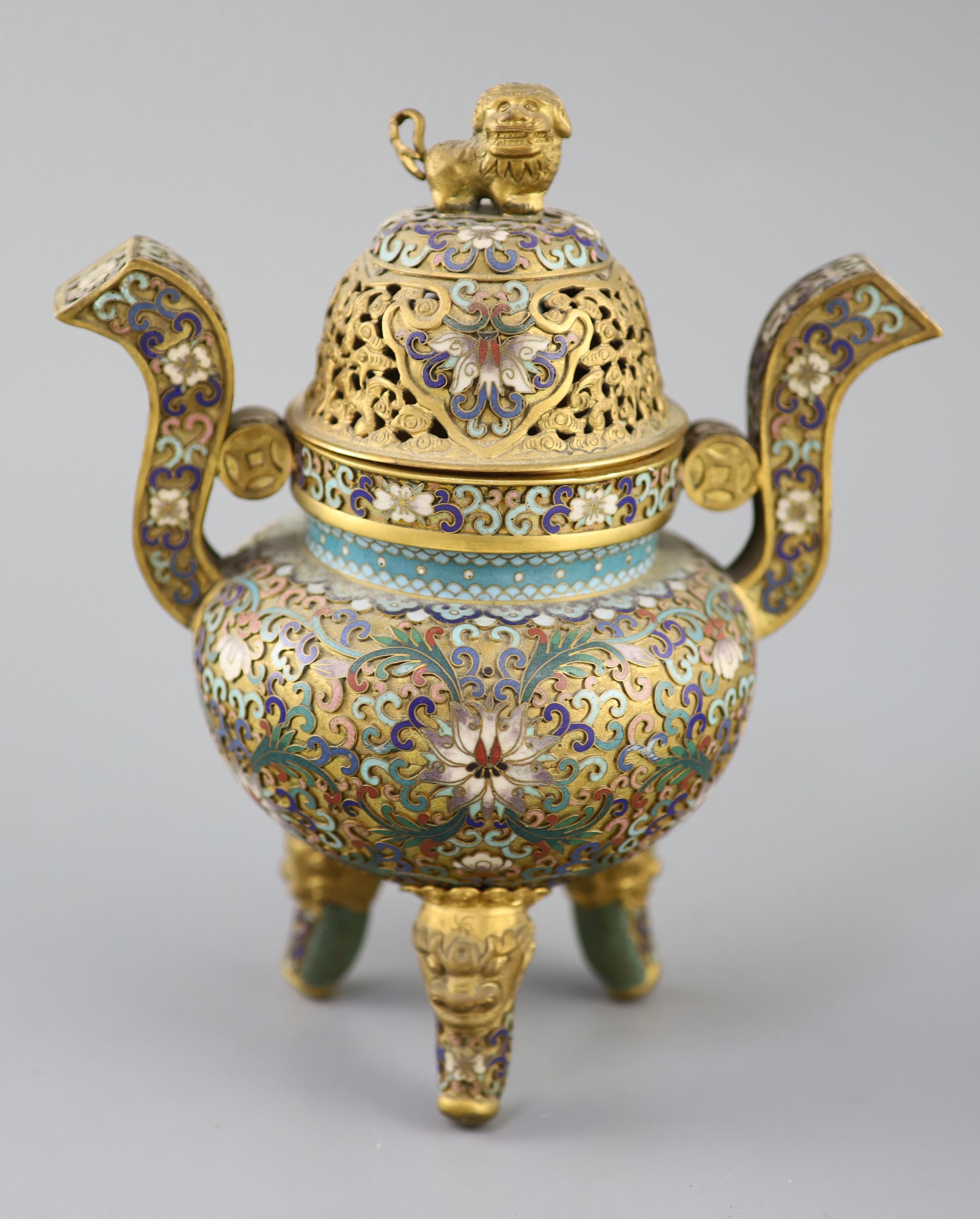 A Chinese cloisonne enamel and gilt copper tripod censer, early Republic period, c.1920, 21.5cm high